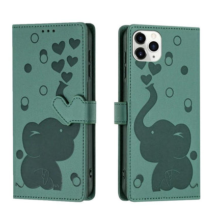 Phone Case With Built In Card Slots For Everyday Use - green PU wallet case with elephant and heart design, 3-card slots and hand strap