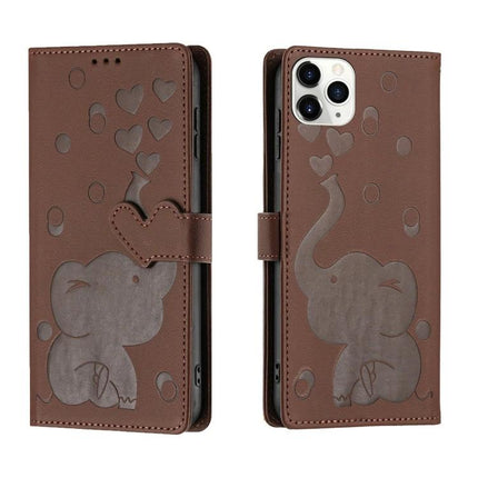 Phone Case With Built In Card Slots For Everyday Use - brown PU wallet case with elephant design, 3 card slots, cash pocket and hand strap