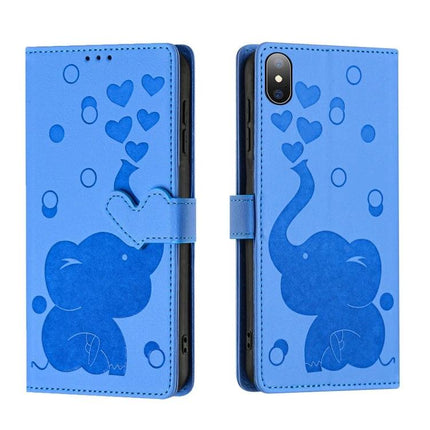 Phone Case With Built In Card Slots For Everyday Use - blue PU wallet case with elephant and hearts, hand strap and three card slots, protective cover