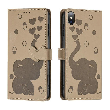Phone Case With Built In Card Slots For Everyday Use - beige PU wallet case with elephant and heart design, hand strap and three card slots