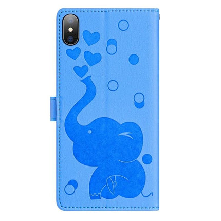Cartoon Elephant Leather Phone Case With Card Slots - blue embossed PU leather wallet case with cute elephant and card storage