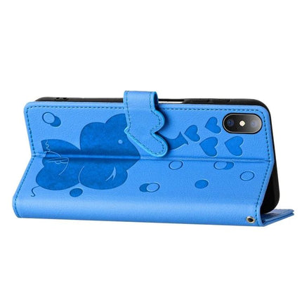 Cartoon Elephant Leather Phone Case With Card Slots - blue embossed PU leather wallet case with card pockets and stand