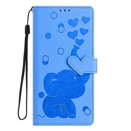 Leather Phone Case With Elephant Design For Daily Carry - blue PU leather wallet case with embossed elephant, card slots, wrist strap, protective TPU shell