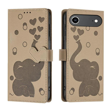 Leather Phone Case With Elephant Design For Daily Carry - tan PU leather wallet case with elephant and hearts, soft TPU inner shell, hands-free stand
