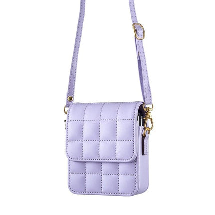 Plaid Crossbody Phone Bag for Samsung Galaxy Flip Phones in lilac quilted leather with adjustable strap and secure flap for travel protection