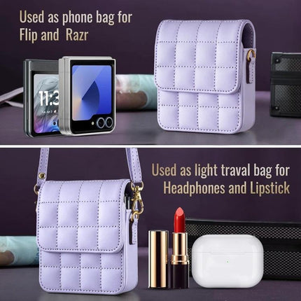 Plaid Crossbody Phone Bag for Samsung Galaxy Flip Phones - lavender quilted crossbody holding flip phone and essentials, lightweight protective travel bag