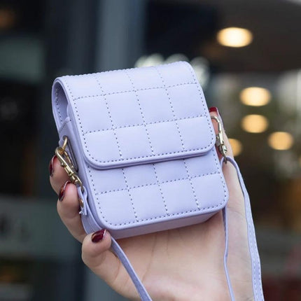 Plaid Crossbody Phone Bag for Samsung Galaxy Flip Phones - lavender quilted crossbody case protecting flip phone with strap, hands-free travel accessory