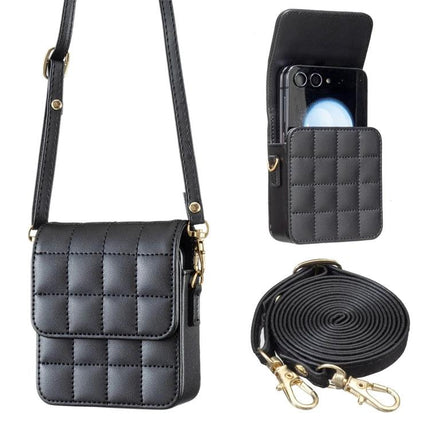 Plaid Crossbody Phone Bag for Samsung Galaxy Flip Phones black quilted crossbody case with strap showing open phone pocket and detachable strap