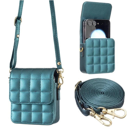 Plaid Crossbody Phone Bag for Samsung Galaxy Flip Phones in teal quilted design with detachable strap, shown open with flip phone inside