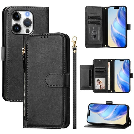 Phone Wallet Case With Card Slot For Everyday Use showing black leather folio with card slots, cash pocket, wrist strap and kickstand