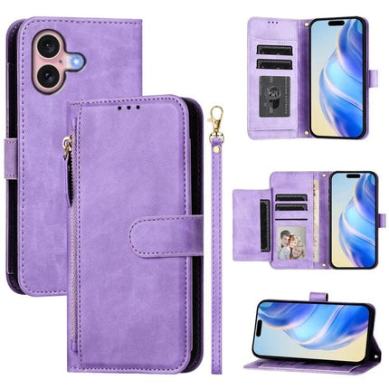 Leather Wallet Phone Case With Card Holder in purple PU leather with zipper pocket, card slots, cash compartment and detachable wrist strap