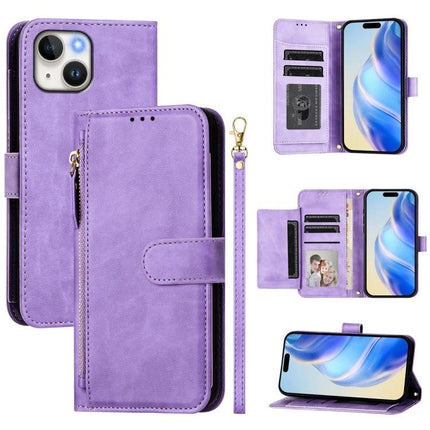 Practical Leather Wallet Case Daily Card Storage purple PU leather phone case with card slots cash pocket wrist strap and kickstand