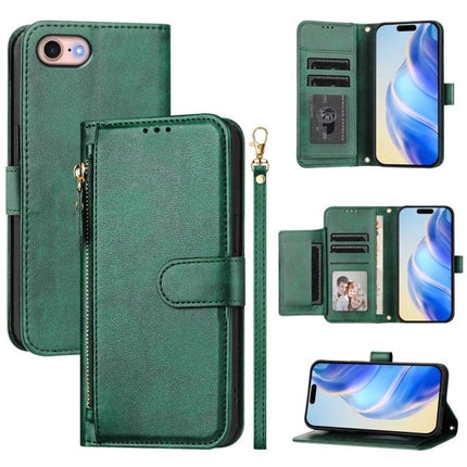 Leather Phone Case With Card Slots For Daily Essentials green PU wallet case with zipper, wrist strap, multiple card slots and stand function