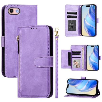 Leather Phone Case With Card Slots For Daily Essentials in lavender PU showing card slots, cash compartment, wrist strap and phone stand