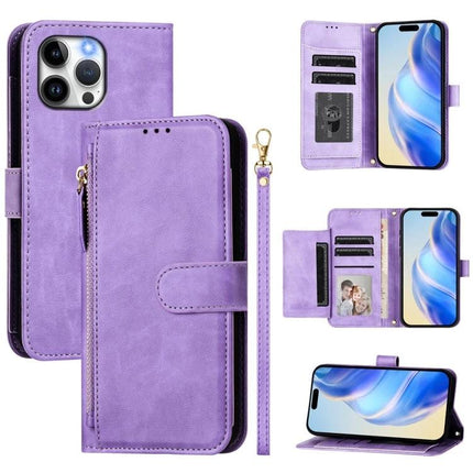 Leather Phone Case With Card Slots For Daily Essentials - purple PU wallet case with card slots, cash pocket, wrist strap and kickstand