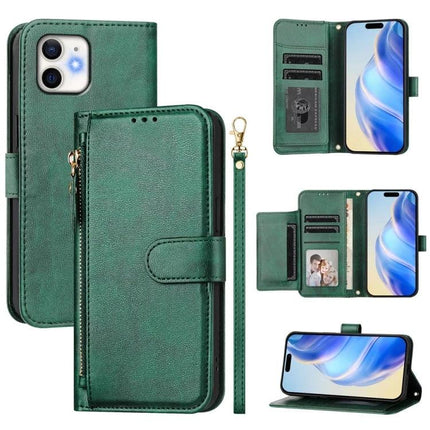 Leather Wallet Case For Everyday Phone And Card Storage in green PU leather with zipper pocket, card slots, cash compartment, strap and phone stand
