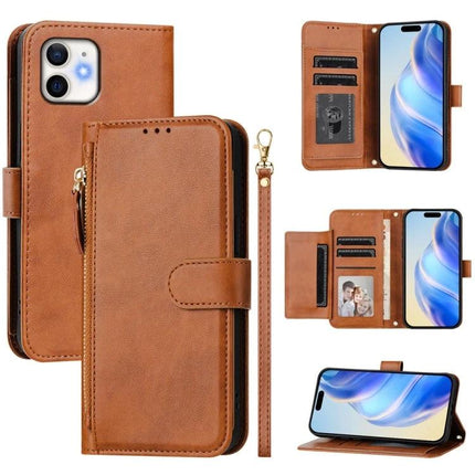 Leather Wallet Case For Everyday Phone And Card Storage in brown PU leather with card slots, cash pocket, wrist strap and phone stand