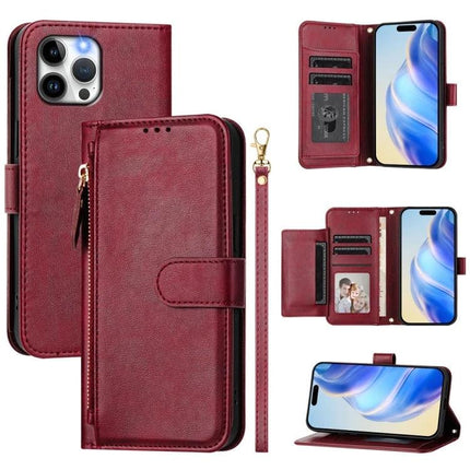 Leather Wallet Case For Everyday Phone And Card Storage in burgundy PU leather with card slots, cash pocket, wrist strap and stand function