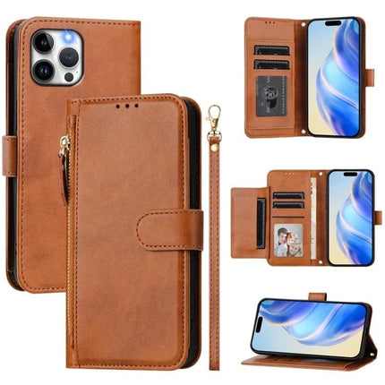 Leather Wallet Case For Everyday Phone And Card Storage brown PU leather folio with card slots cash pocket wrist strap and magnetic closure