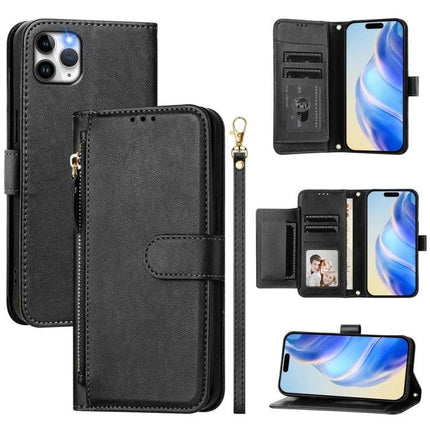Wallet Phone Case for Everyday Card and Cash Storage - black PU leather wallet phone case with card slots, cash pocket, wrist strap and stand
