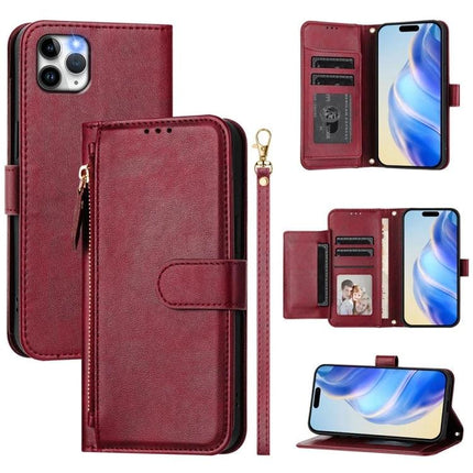 Wallet Phone Case for Everyday Card and Cash Storage - red PU folio with multiple card slots, cash pocket, wrist strap, and phone stand