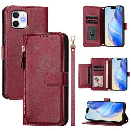 Wallet Phone Case for Everyday Card and Cash Storage in burgundy PU leather with zipper pocket, card slots, wrist strap and phone stand