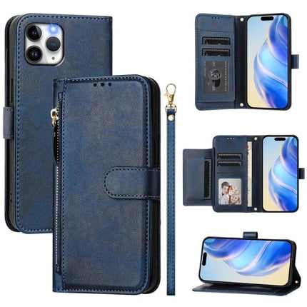 Wallet Phone Case for Everyday Card and Cash Storage in navy PU with multiple card slots, wrist strap, zip pocket and kickstand