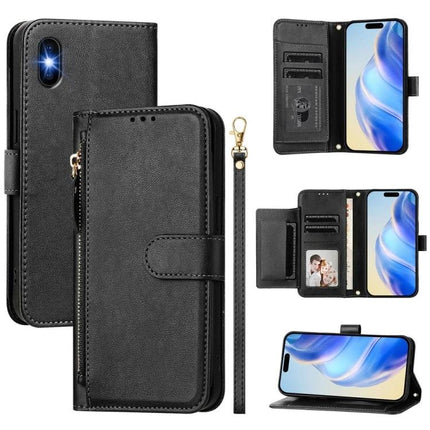 Wallet Phone Case for Everyday Card and Cash Storage - black PU leather folio with card slots, cash pocket, wrist strap and kickstand