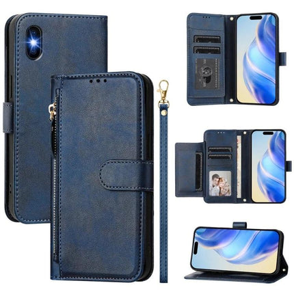 Wallet Phone Case for Everyday Card and Cash Storage - blue PU leather folio with multiple card slots, cash pocket, wrist strap and kickstand