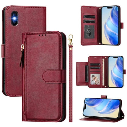 Wallet Phone Case for Everyday Card and Cash Storage in red PU leather with multiple card slots, cash pocket, wrist strap and stand feature