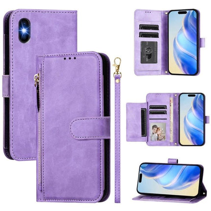 Wallet Phone Case for Everyday Card and Cash Storage - purple PU folio with card slots, cash pocket, wrist strap and stand function