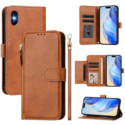 Wallet Phone Case for Everyday Card and Cash Storage - brown PU leather wallet phone case with card slots, cash pocket, wrist strap and stand