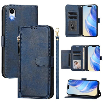 Protective Phone Case With Wallet Card Slots showing blue folio design with card slots, wrist strap, zipper pocket and kickstand for hands-free use
