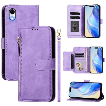Protective Phone Case With Wallet Card Slots in purple faux leather wallet case with card slots, wrist strap, and stand function