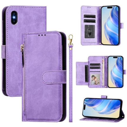 Protective Phone Case With Wallet Card Slots in purple faux leather with zip pocket, wrist strap, card slots and stand function