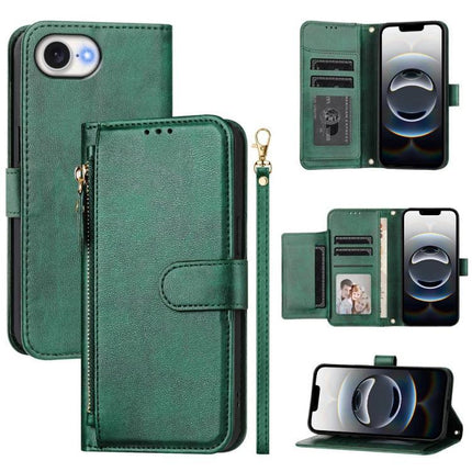 Everyday Leather Phone Case With Card Storage green wallet-style PU case with card slots zipper pocket wrist strap