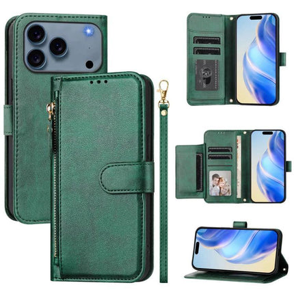 Everyday Leather Phone Case With Card Storage in green wallet style with zip pouch, card slots, cash compartment and wrist strap