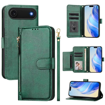Phone Wallet Case With Card Slot For Everyday Use in green leather with zip pocket, multiple card slots, cash compartment, wrist strap and kickstand