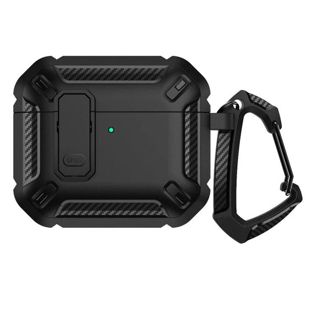 Shield Protective Case for Earphones in Daily Travel Use - rugged black 360-degree protective travel case with carabiner