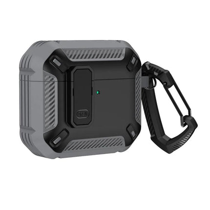 Shield Protective Case for Earphones in Daily Travel Use rugged gray case with carabiner for 360-degree scratch and drop protection
