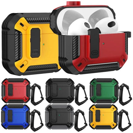 Shield Protective Case for Earphones in Daily Travel Use showing rugged multi-color protective cases with carabiner for commute and travel