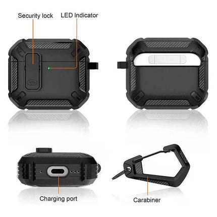 Shield Protective Case for Earphones in Daily Travel Use shown in rugged black shell with security lock, LED indicator, charging port and carabiner