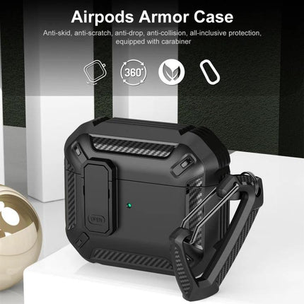Shield Protective Case for Earphones in Daily Travel Use shown as rugged black armor case with carabiner for 360-degree protection