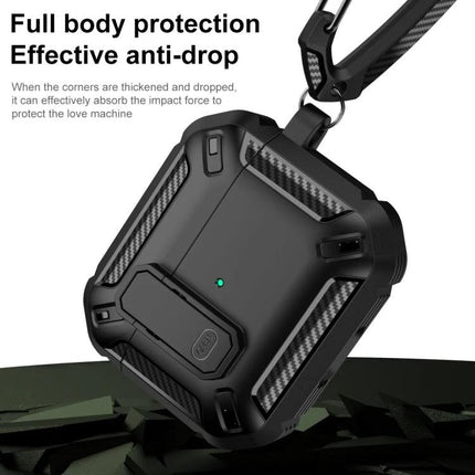 Shield Protective Case for Earphones in Daily Travel Use shown in rugged black 360-degree protective pouch with carabiner