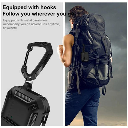 Shield Protective Case for Earphones in Daily Travel Use shown clipped to backpack with carabiner for 360-degree protection during commutes and outdoor trips
