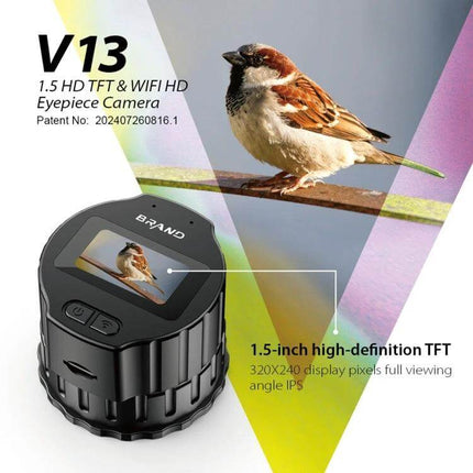 Portable Eyepiece Camera With 1.5 Inch Screen For On The Go Viewing - compact HD eyepiece camera with 1.5-inch screen showing bird image, 1920x1080, 150min battery