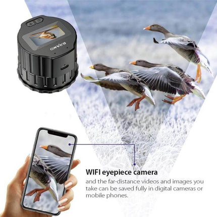 Portable Eyepiece Camera With 1.5 Inch Screen For On The Go Viewing showing geese in flight and smartphone WiFi livestream