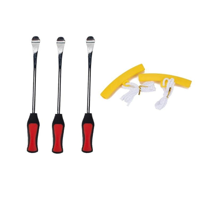 Tire Repair Tool for Car and Motorcycle Roadside Fixes kit with three curved-head tire levers and yellow bead protectors for quick roadside repairs