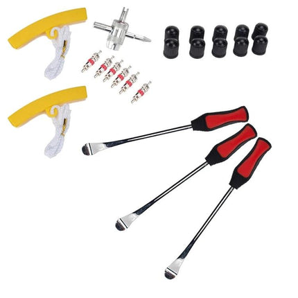 Compact Tire Repair Kit for Car and Motorcycle Use – compact roadside tire repair tools set with curved head levers, valve cores, caps and plugs