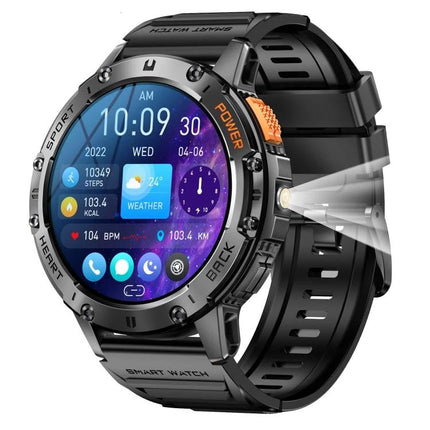 Smart Watch for Daily Health Monitoring and Notifications on rugged black smartwatch showing heart rate, steps, weather and call/message alerts